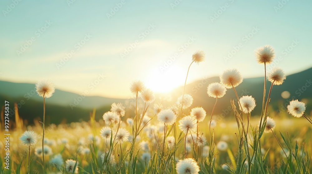Fototapeta premium A serene meadow with fluffy dandelions bathed in soft golden sunlight, set against a backdrop of rolling hills and a clear sky at sunrise.
