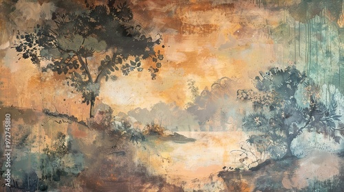 Abstract Landscape Painting with Tree Silhouettes and Golden Hour