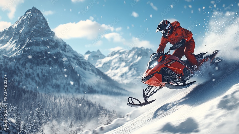 Snowmobiler performing a jump off a snow-covered ramp, with mountains and snowy forests in the background. 4K hyperrealistic photo. Snowmobiler performing a jump off a snow-covered ramp, with mountains and snowy forests in the background. 4K hyperrealistic photo.