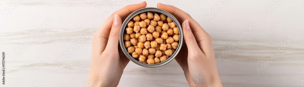 Hands holding a can of chickpeas, with the lid removed and beans ready for cooking Hands holding a can of chickpeas, with the lid removed and beans ready for cooking