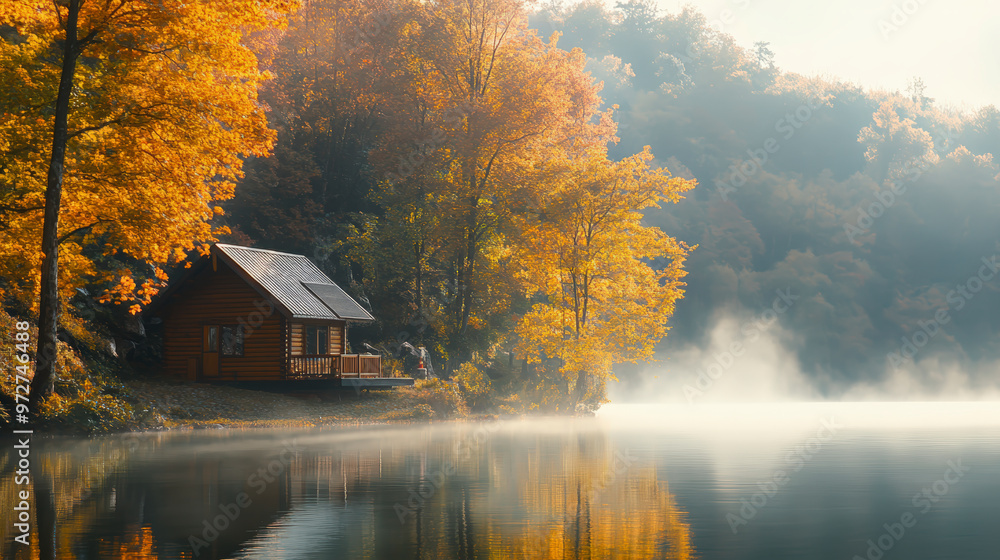 A serene lakeside cabin surrounded by autumn foliage, with mist rising from the water in the early morning light. A serene lakeside cabin surrounded by autumn foliage, with mist rising from the water in the early morning light.