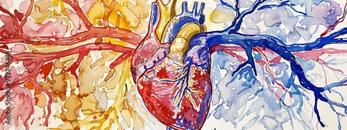 A vibrant watercolor illustration depicting a human heart surrounded by colorful arteries and veins in intricate detail