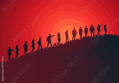 Silhouetted Business Team Climbing Hill at Sunset with Rising Profit Curve Concept