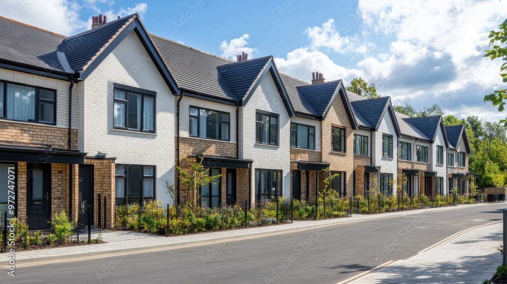 A row of newly built houses in a suburban development, featuring modern designs and A row of newly built houses in a suburban development, featuring modern designs and