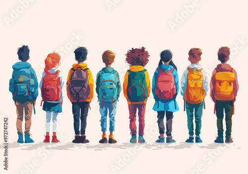 Students Standing in Line with Backpacks in Minimalistic Vector Illustration of School Environment and Learning Concept
