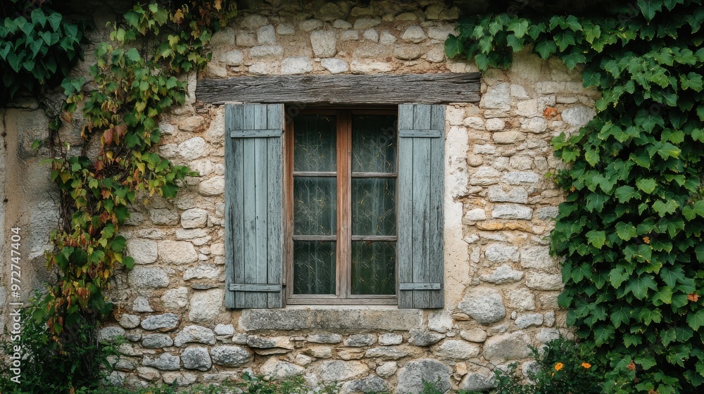 A rustic stone wall with a wooden window and green vines in a quaint countryside setting during the afternoon light A rustic stone wall with a wooden window and green vines in a quaint countryside setting during the afternoon light