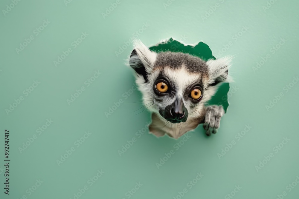 A lemur peeking through a torn green background, with a curious expression, isolated on green with copy space A lemur peeking through a torn green background, with a curious expression, isolated on green with copy space