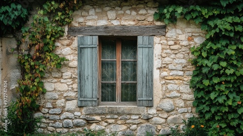 A rustic stone wall with a wooden window and green vines in a quaint countryside setting during the afternoon light
