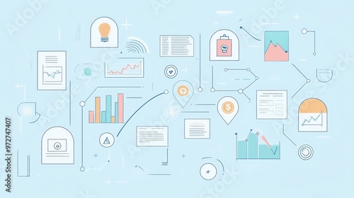 Colorful infographic displaying various business analytics and data visualization elements on a light blue background