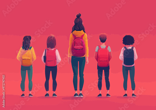 Female leader teaching business team in educational presentation, business meeting, vector illustration, minimalistic style, daytime professional setting, modern and collaborative learning environment
