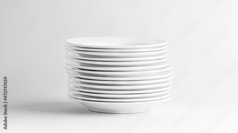 A stack of classic white porcelain dinnerware neatly arranged on a plain white surface, ready for a meal. A stack of classic white porcelain dinnerware neatly arranged on a plain white surface, ready for a meal.