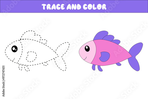 Trace and color the fish in flat style. Educational coloring book for children. Handwriting practice for preschoolers. Educational cards for children. Educational worksheet for preschoolers.
