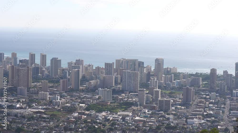 Honolulu buildings and skyscrapers zoomed in from Tantalus Lookout, Hawaii Honolulu buildings and skyscrapers zoomed in from Tantalus Lookout, Hawaii