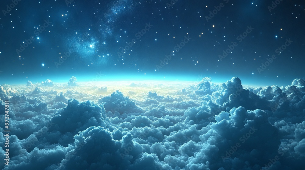 A serene starry night sky depiction, with delicate cloud formations hinting at the vastness of the universe A serene starry night sky depiction, with delicate cloud formations hinting at the vastness of the universe