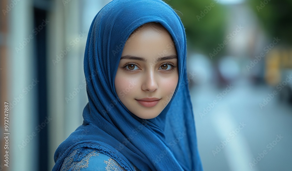 Beautiful Young Muslim Woman in Blue Hijab and Dress, Candid Street Photography - AI generated illustration Beautiful Young Muslim Woman in Blue Hijab and Dress, Candid Street Photography - AI generated illustration