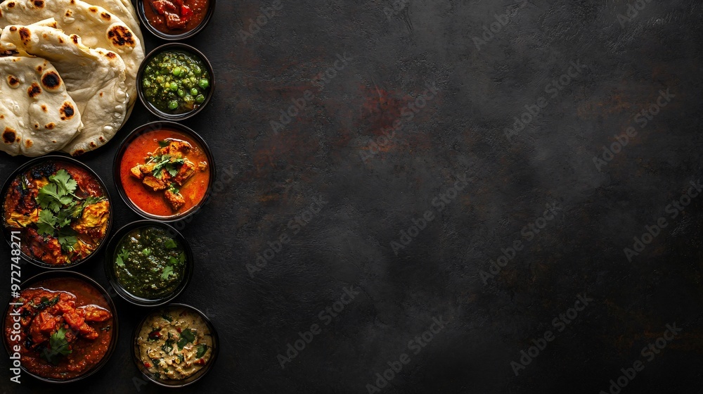 Flat lay of Indian food on a dark background with copy space. Flat lay of Indian food on a dark background with copy space.