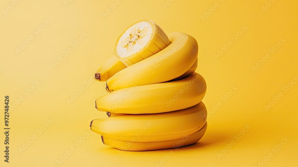 A stack of fresh yellow bananas neatly arranged on a matching yellow background, symbolizing health. A stack of fresh yellow bananas neatly arranged on a matching yellow background, symbolizing health.