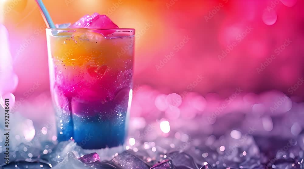 Closeup of a Refreshing Blue, Purple, and Orange Layered Drink with Ice Closeup of a Refreshing Blue, Purple, and Orange Layered Drink with Ice