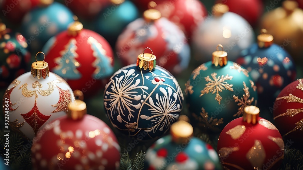 Geometric patterns on Christmas ornaments, with each bauble featuring intricate, symmetrical designs in festive colors. 4K hyperrealistic photo. Geometric patterns on Christmas ornaments, with each bauble featuring intricate, symmetrical designs in festive colors. 4K hyperrealistic photo.