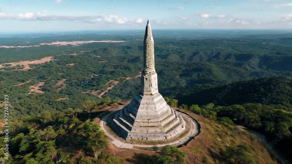 Flying over a towering, spiraled monument in a lush, green landscape with surrounding pathways.