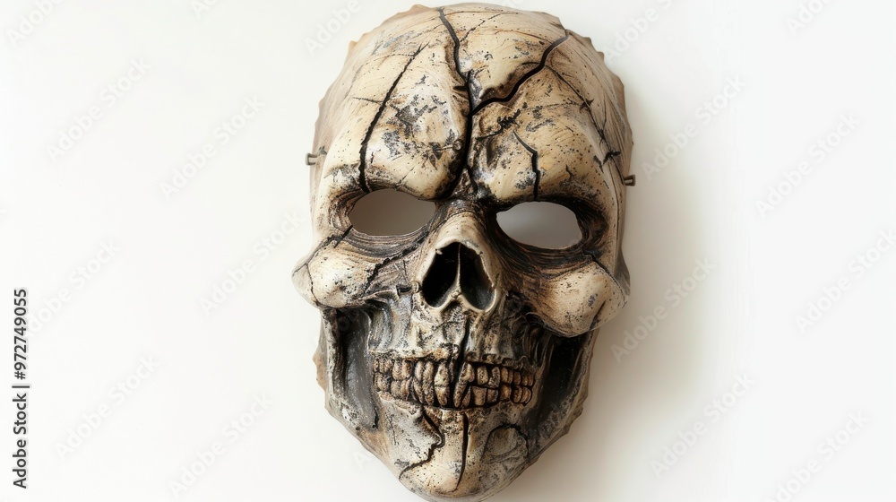 A skull mask with a broken face and a hole in the eye A skull mask with a broken face and a hole in the eye