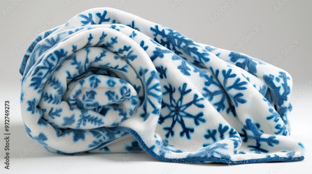 A blue and white blanket with snowflakes on it A blue and white blanket with snowflakes on it
