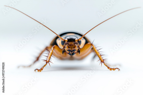 Close-up view of a cockroach, showcasing its antennae and detailed body structure against a plain white background. photo