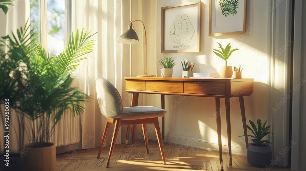 Fototapeta premium A compact, mid-century inspired desk with tapered legs, positioned in a bright home office