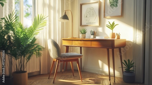 A compact, mid-century inspired desk with tapered legs, positioned in a bright home office