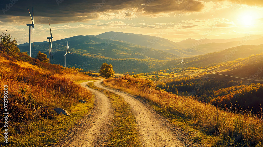 Beautiful mountain landscape with wind turbines, sunny summer autumn day, curvy road, green energy generation, eco-friendly wind farm Beautiful mountain landscape with wind turbines, sunny summer autumn day, curvy road, green energy generation, eco-friendly wind farm