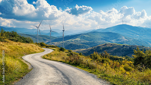 Beautiful mountain landscape with wind turbines, sunny summer autumn day, curvy road, green energy generation, eco-friendly wind farm