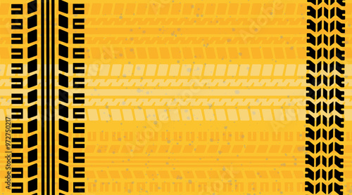 Grunge car tire marks on yellow background, template for business card with copy space. Vector illustration.