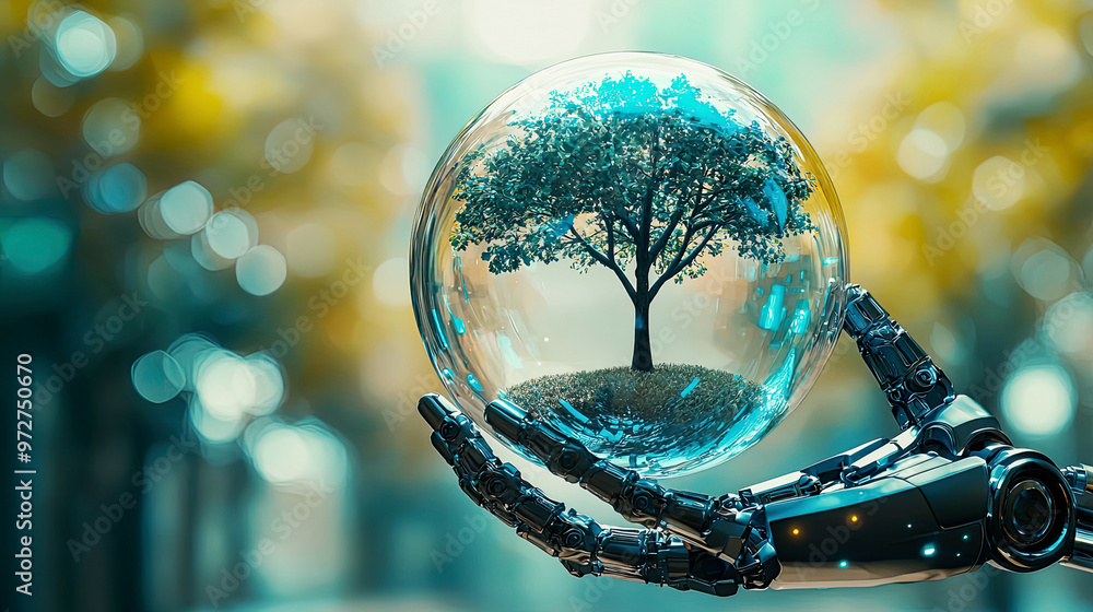 Crystal globe with Earth and tree in robot hand, environment saving, clean planet, sustainable ecology concept, technology science Crystal globe with Earth and tree in robot hand, environment saving, clean planet, sustainable ecology concept, technology science