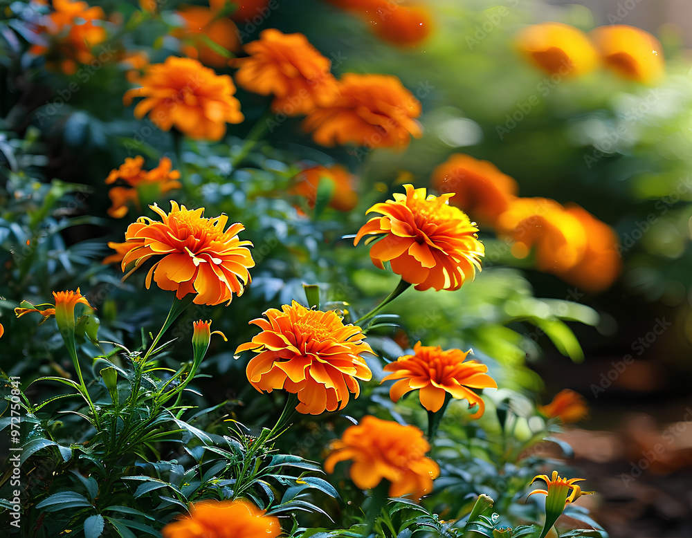 Vibrant Marigold Flowers Blooming in a Lush Garden Vibrant Marigold Flowers Blooming in a Lush Garden