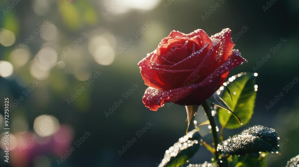 A single red rose with shimmering dewdrops, capturing the freshness of the morning.