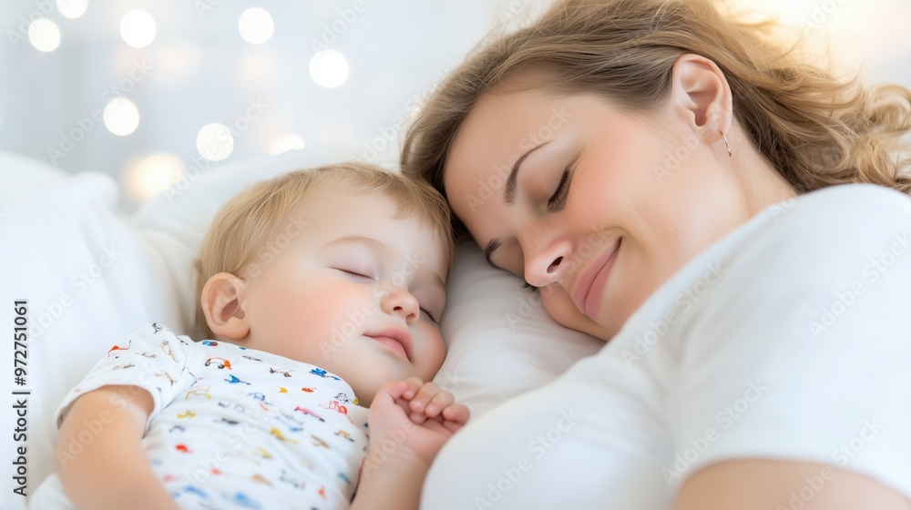Mother and baby peacefully sleeping together in a cozy white room