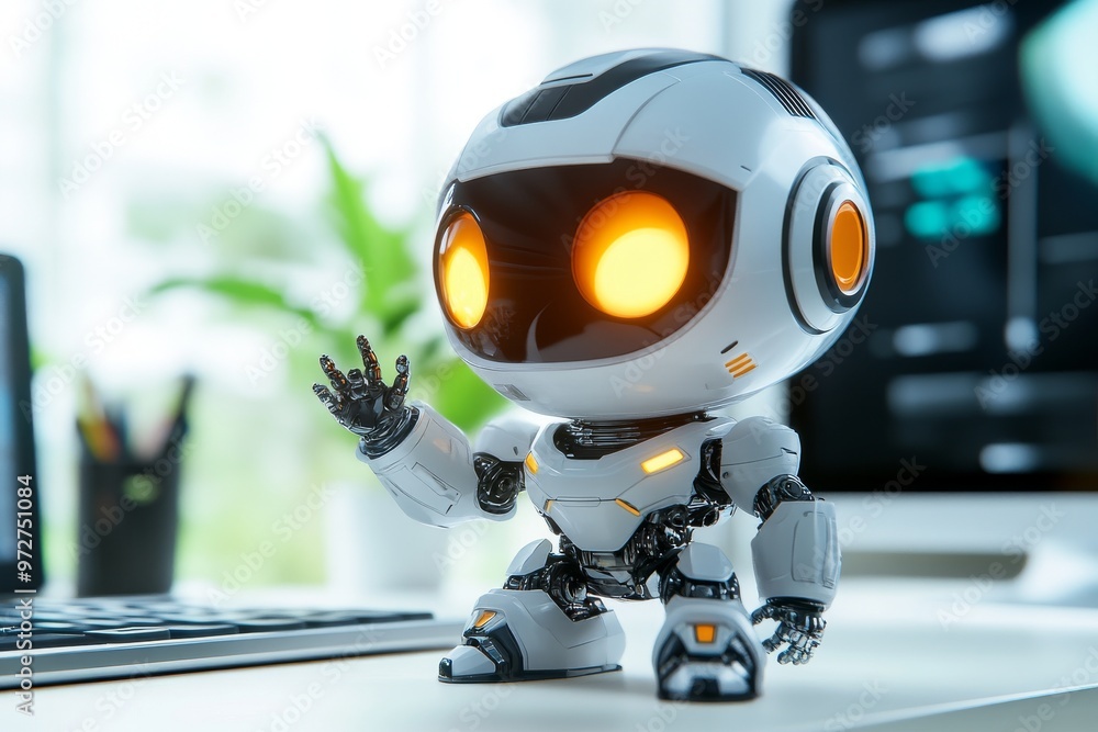 Fototapeta premium Robot waves his hand, hello technology of tomorrow. A friendly android with AI computer is communicating with a child robot.