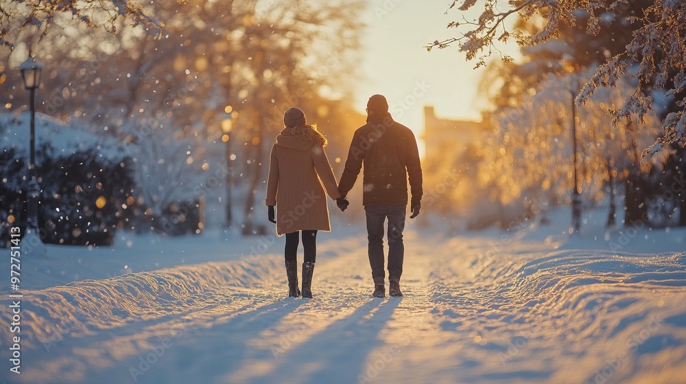 Couple enjoying a quiet walk in the snow, their hands intertwined and their smiles reflecting the beauty of the season. 4K hyperrealistic photo. Couple enjoying a quiet walk in the snow, their hands intertwined and their smiles reflecting the beauty of the season. 4K hyperrealistic photo.