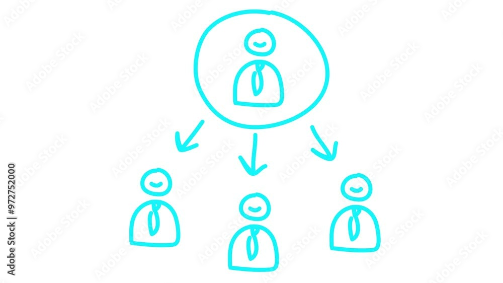 Animated blue hand drawn doodle of management. Concept of teamwork, leader, workflow. Linear info-graphics of boss and employees. Symbol of team is drawn. Vector illustration isolated on white Animated blue hand drawn doodle of management. Concept of teamwork, leader, workflow. Linear info-graphics of boss and employees. Symbol of team is drawn. Vector illustration isolated on white