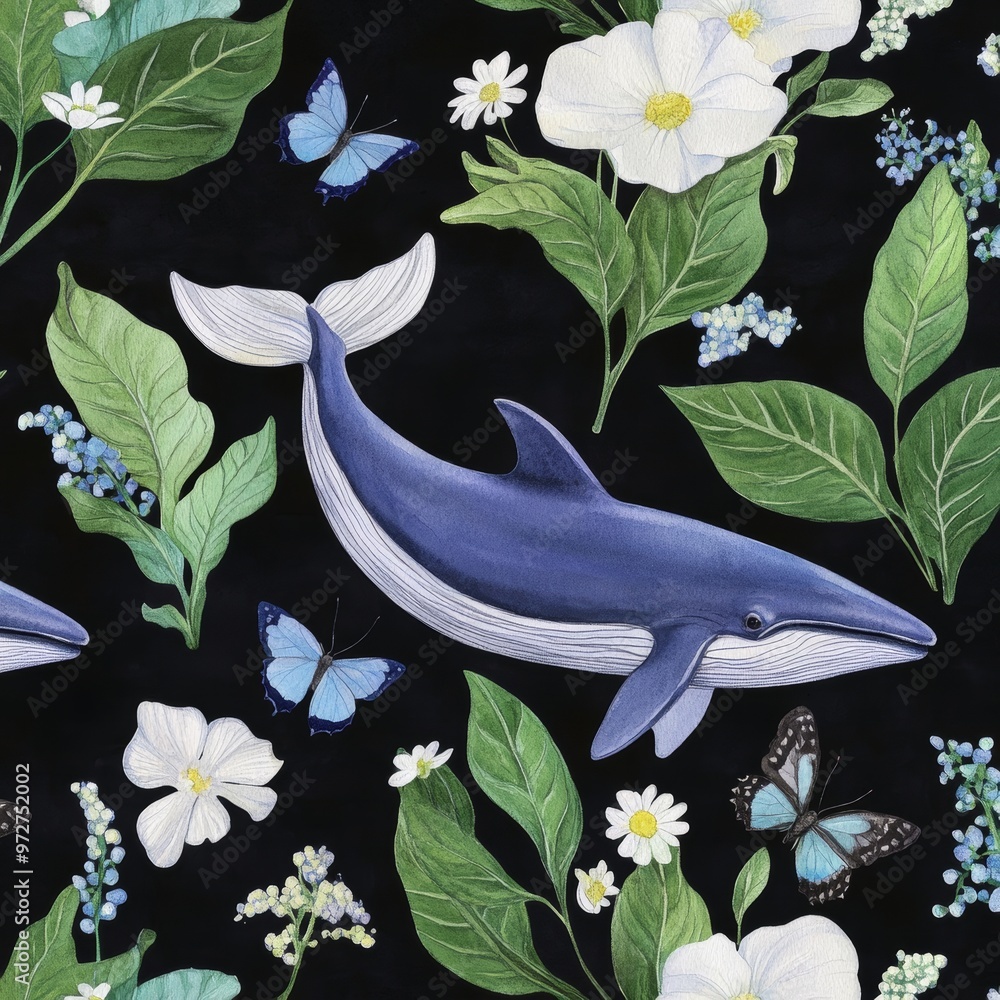 Fototapeta premium Watercolor fantasy seamless pattern with blue whale, butterfly girl, and flowers and leaves on black background with occult theme