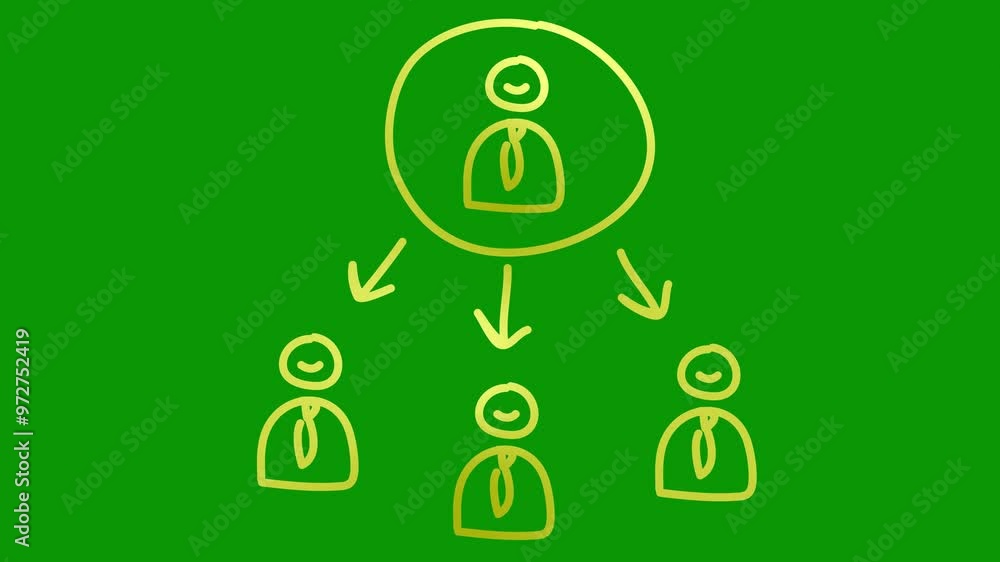 Animated golden hand drawn doodle of management. Concept of teamwork, leader, workflow. Linear info-graphics of boss and employees. Symbol of team is drawn. Vector illustration isolated on green Animated golden hand drawn doodle of management. Concept of teamwork, leader, workflow. Linear info-graphics of boss and employees. Symbol of team is drawn. Vector illustration isolated on green