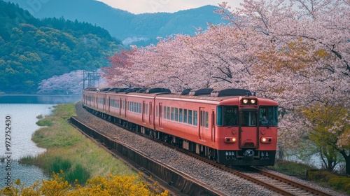 Japan train in Yamakita Town, Kanagawa prefecture, under a sea of sakura cherry blossoms
 photo