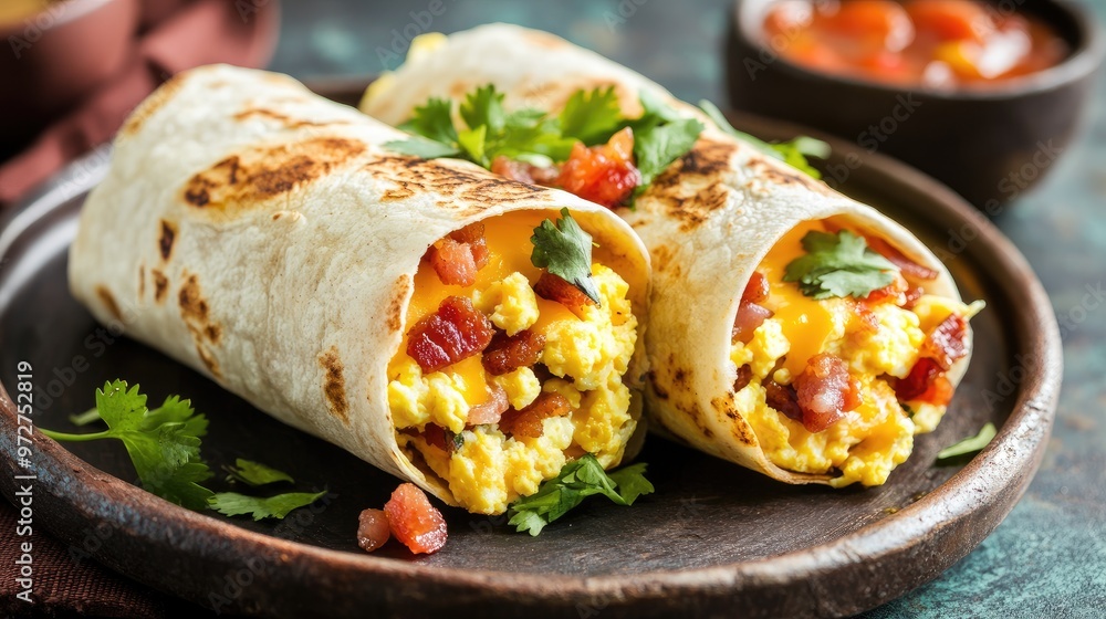 Breakfast burritos stuffed with fluffy scrambled eggs, crispy bacon, and gooey melted cheese, served on a rustic plate with a side of salsa Breakfast burritos stuffed with fluffy scrambled eggs, crispy bacon, and gooey melted cheese, served on a rustic plate with a side of salsa