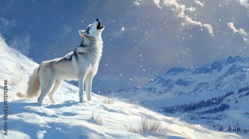 A Siberian Husky howling at the sky, its head raised in the classic wolf-like pose, surrounded by a snowy landscape A Siberian Husky howling at the sky, its head raised in the classic wolf-like pose, surrounded by a snowy landscape
