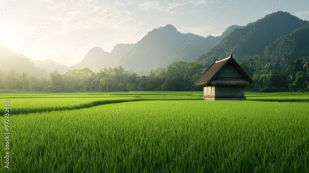 Enchanting Thai Countryside: A Vibrant Morning or Evening Display of Rice Fields and Forests Enchanting Thai Countryside: A Vibrant Morning or Evening Display of Rice Fields and Forests