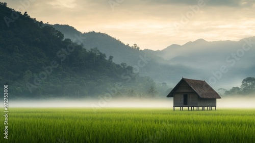 Experience the Majestic Thai Countryside: Lush Rice Fields and Verdant Forests Under a Misty, Sunlit Veil