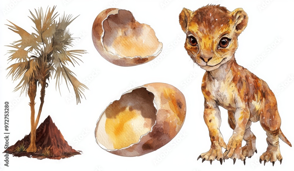 Obraz premium Watercolor illustration of baby dinosaurs with cute animals for a nursery or baby shower