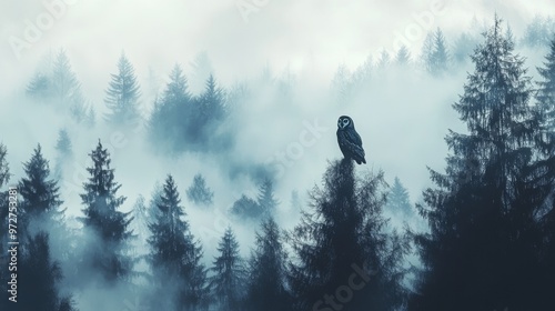 generative stock of a mysterious blue owl in a foggy mountain landscape photo