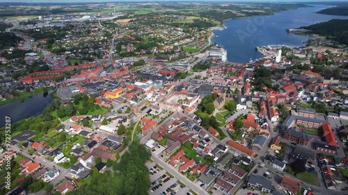 Aerial view of the old town around the city Hobro on a sunny summer day in the Denmark photo