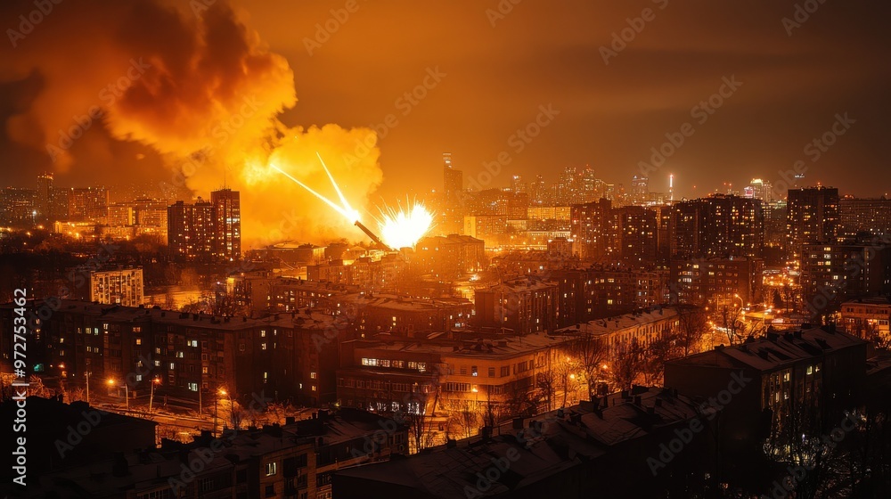Bright flames illuminate a city skyline during a nighttime artillery attack, showcasing the chaos and destruction caused Bright flames illuminate a city skyline during a nighttime artillery attack, showcasing the chaos and destruction caused